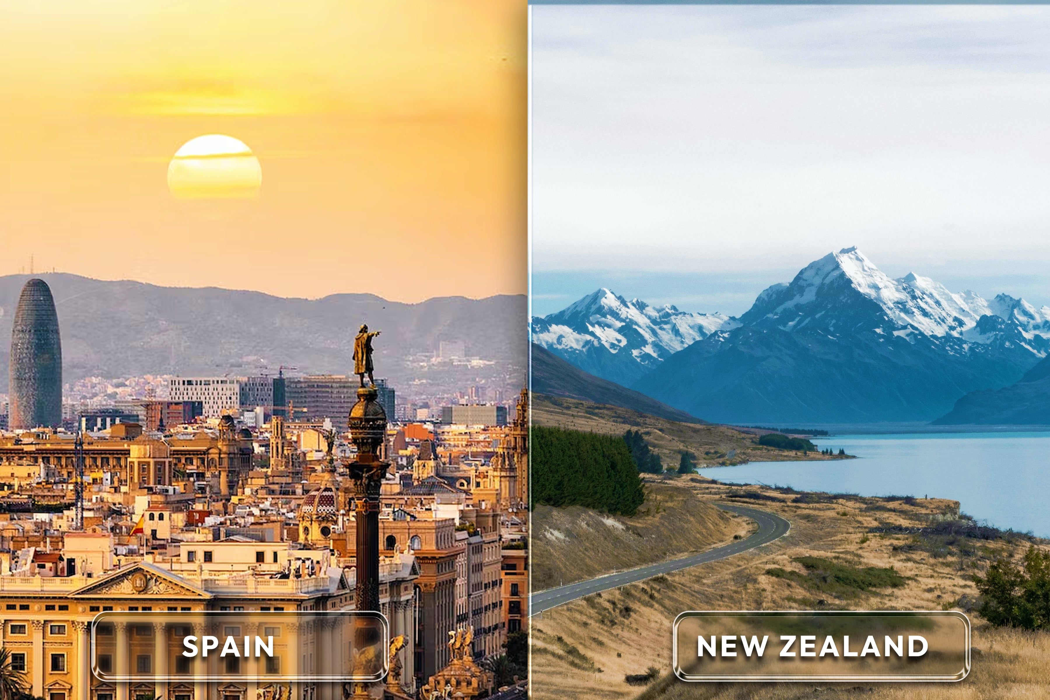 Landscape photos from New Zealand and Spain representing opposite destinations.