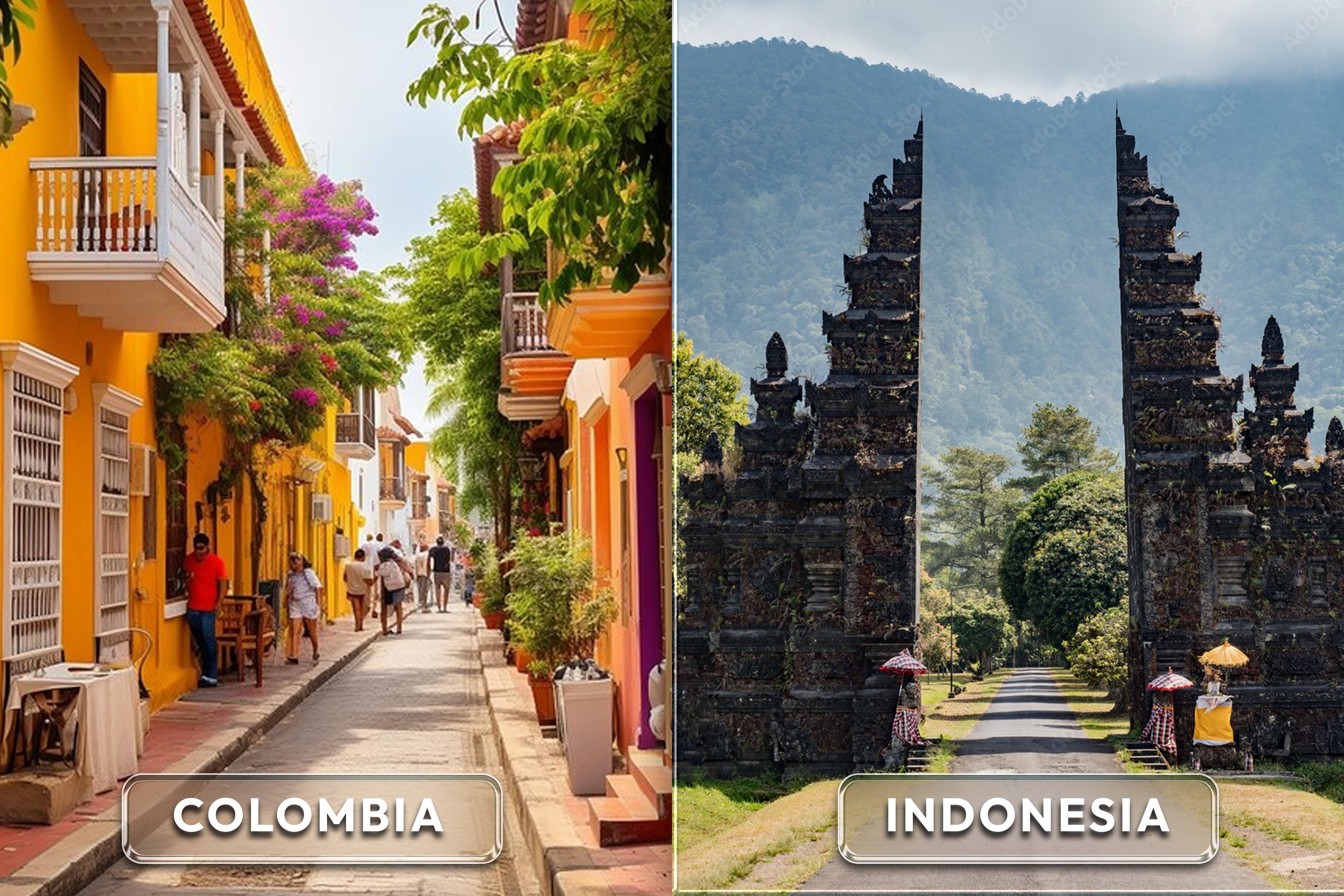 Vibrant imagery from Indonesia and Colombia highlighting diverse experiences.